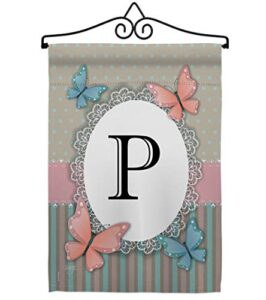 breeze decor p initial garden flag set wall hanger monogram friends bugs & frogs butterfly ladybugs dragonfly bee springtime insect natural wildlife house yard gift double-sided, made in usa