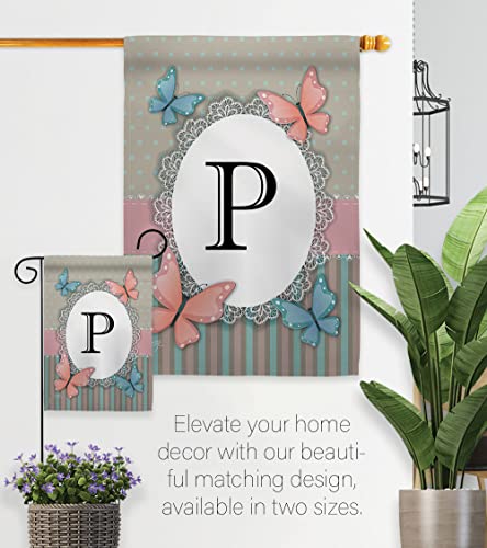 Breeze Decor P Initial Garden Flag Set Wall Hanger Monogram Friends Bugs & Frogs Butterfly Ladybugs Dragonfly Bee Springtime Insect Natural Wildlife House Yard Gift Double-Sided, Made in USA