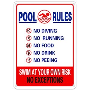 swimming pool rules sign – no diving, no running, no food, no drinks-metal tin logo vintage bathroom poster bar kitchen farm garden garage club wall art deco tin logo 12x16inch