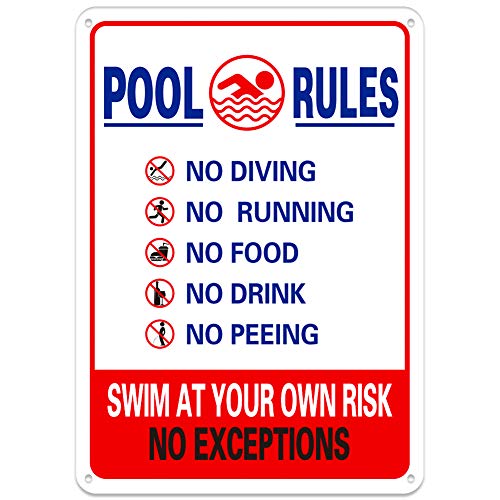 Swimming Pool Rules Sign - No Diving, No Running, No Food, No Drinks-Metal tin Logo Vintage Bathroom Poster bar Kitchen Farm Garden Garage Club Wall Art Deco tin Logo 12x16inch