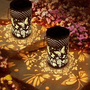 lisghtjs solar lanterns outdoor waterproof hanging 2 pack butterfly solar powered gardon lantern,hollowed-out metal lantern outdoor decorative lights for yard, lawn porch pathway, landscape