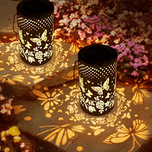 LISGHTJS Solar Lanterns Outdoor Waterproof Hanging 2 Pack Butterfly Solar Powered Gardon Lantern,Hollowed-Out Metal Lantern Outdoor Decorative Lights for Yard, Lawn Porch Pathway, Landscape