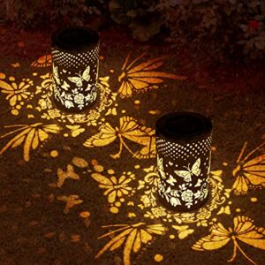 LISGHTJS Solar Lanterns Outdoor Waterproof Hanging 2 Pack Butterfly Solar Powered Gardon Lantern,Hollowed-Out Metal Lantern Outdoor Decorative Lights for Yard, Lawn Porch Pathway, Landscape