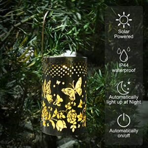 LISGHTJS Solar Lanterns Outdoor Waterproof Hanging 2 Pack Butterfly Solar Powered Gardon Lantern,Hollowed-Out Metal Lantern Outdoor Decorative Lights for Yard, Lawn Porch Pathway, Landscape