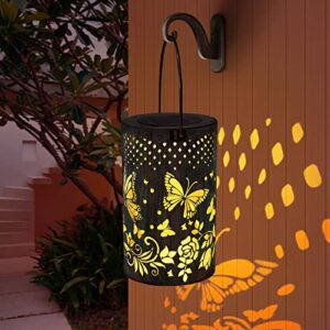 LISGHTJS Solar Lanterns Outdoor Waterproof Hanging 2 Pack Butterfly Solar Powered Gardon Lantern,Hollowed-Out Metal Lantern Outdoor Decorative Lights for Yard, Lawn Porch Pathway, Landscape