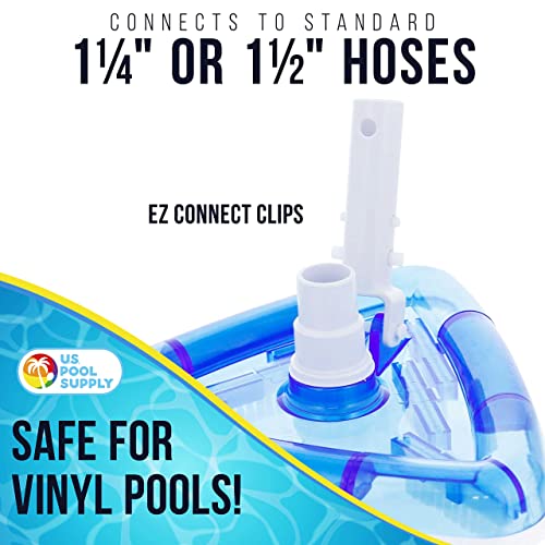 U.S. Pool Supply Weighted Transparent Triangular Pool Vacuum Head with Swivel Hose Connection and EZ Clip Handle - Connect 1-1/4" or 1-1/2" Hose - Removes Debris, Clean Corners - Safe for Vinyl Pools