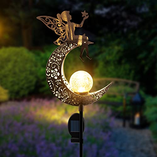 ConKrian Garden Solar Lights Pathway,Angel Moon Crackle Glass Globe Stake with Angel Metal Lights,Waterproof Warm White LED for Lawn,Patio or Courtyard,Christmas Decorative Lights Outdoor Gift Set