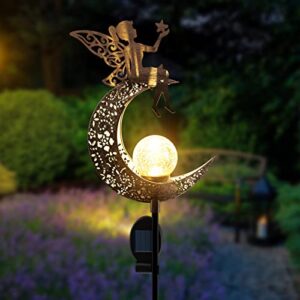 conkrian garden solar lights pathway,angel moon crackle glass globe stake with angel metal lights,waterproof warm white led for lawn,patio or courtyard,christmas decorative lights outdoor gift set