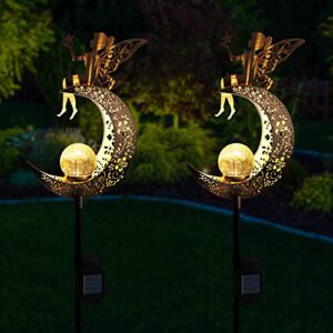 ConKrian Garden Solar Lights Pathway,Angel Moon Crackle Glass Globe Stake with Angel Metal Lights,Waterproof Warm White LED for Lawn,Patio or Courtyard,Christmas Decorative Lights Outdoor Gift Set