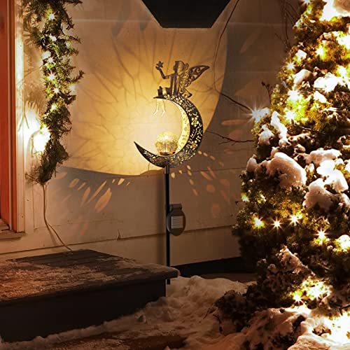 ConKrian Garden Solar Lights Pathway,Angel Moon Crackle Glass Globe Stake with Angel Metal Lights,Waterproof Warm White LED for Lawn,Patio or Courtyard,Christmas Decorative Lights Outdoor Gift Set