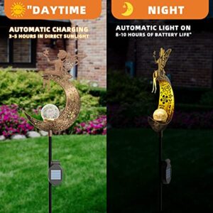 ConKrian Garden Solar Lights Pathway,Angel Moon Crackle Glass Globe Stake with Angel Metal Lights,Waterproof Warm White LED for Lawn,Patio or Courtyard,Christmas Decorative Lights Outdoor Gift Set