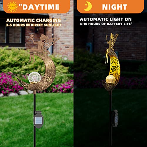 ConKrian Garden Solar Lights Pathway,Angel Moon Crackle Glass Globe Stake with Angel Metal Lights,Waterproof Warm White LED for Lawn,Patio or Courtyard,Christmas Decorative Lights Outdoor Gift Set