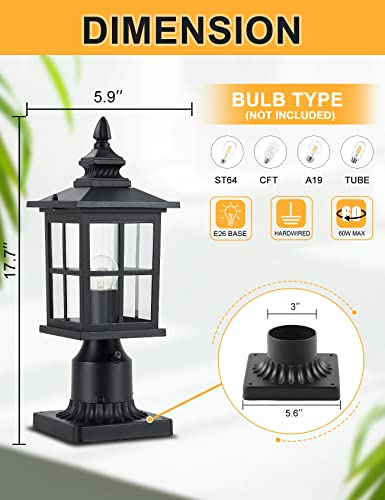 GYDZ Outdoor Dusk to Dawn Post Light, Outdoor Lamp Post Light Fixture, Exterior Pier Light Post Mount Light Head with Clear Glass for Garden, Matte Black, 2 Pack