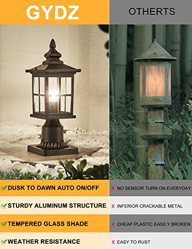 GYDZ Outdoor Dusk to Dawn Post Light, Outdoor Lamp Post Light Fixture, Exterior Pier Light Post Mount Light Head with Clear Glass for Garden, Matte Black, 2 Pack