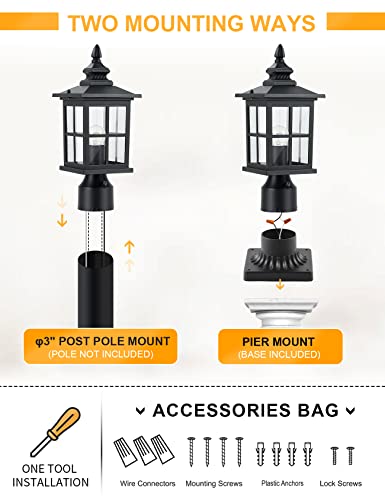 GYDZ Outdoor Dusk to Dawn Post Light, Outdoor Lamp Post Light Fixture, Exterior Pier Light Post Mount Light Head with Clear Glass for Garden, Matte Black, 2 Pack