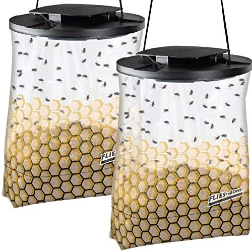 Flies Be Gone Fly Trap - Disposable Non Toxic Fly Catcher - Made in USA - Natural Bait Trap for Patios, Ranches. Easy to Use Outdoor Fly Traps, Keeps Flies from Coming Indoors (2 Pack)