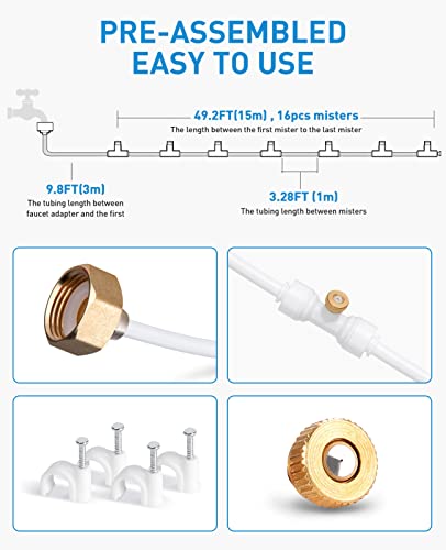 homenote Misting Cooling System 59FT (18M) Misting Line + 16 Brass Mist Nozzles + a Metal Adapter(3/4”) Outdoor Trampoline Sprinkler Mister Patio Garden Greenhouse for Waterpark