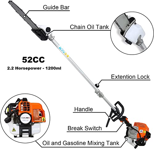 Cordless Gas Petrol Hedge Trimmer Brush Cutter 4 in 1 Multi-Functional Trimming Tool, 52CC 2-Cycle Full Crank Shaft Garden Tool System with Gas Pole Saw, Hedge Trimmer, Grass Trimmer and Brush Cutter