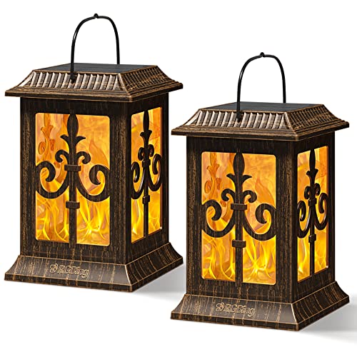 Solar Lantern Outdoor Hanging Lanterns - RGBING Solar Lanterns Outdoor Waterproof with Clips and Ground Stake, Flickering Led Solar Lanterns Garden Lanterns for Outdoor, Patio, Porch (2 Packs)