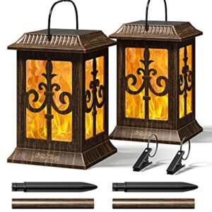 Solar Lantern Outdoor Hanging Lanterns - RGBING Solar Lanterns Outdoor Waterproof with Clips and Ground Stake, Flickering Led Solar Lanterns Garden Lanterns for Outdoor, Patio, Porch (2 Packs)