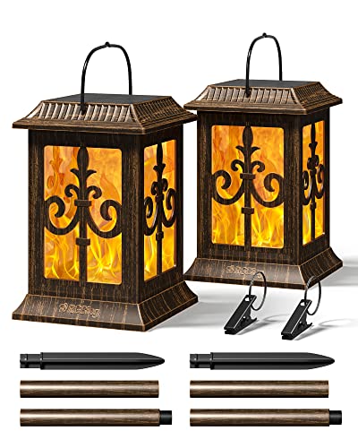 Solar Lantern Outdoor Hanging Lanterns - RGBING Solar Lanterns Outdoor Waterproof with Clips and Ground Stake, Flickering Led Solar Lanterns Garden Lanterns for Outdoor, Patio, Porch (2 Packs)