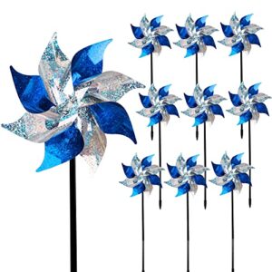 hausse 10 pack reflective pinwheels, extra sparkly pinwheel, bird repellent devices deterrent to scare birds away from yard patio farm, blue & silver