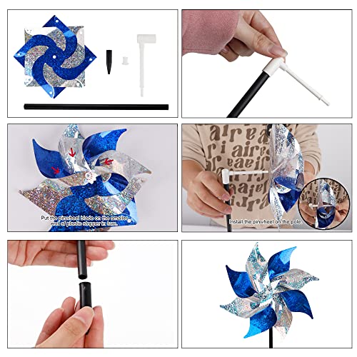 Hausse 10 Pack Reflective Pinwheels, Extra Sparkly Pinwheel, Bird Repellent Devices Deterrent to Scare Birds Away from Yard Patio Farm, Blue & Silver