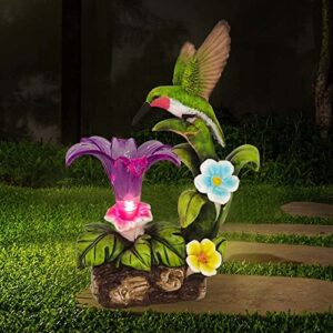 resin hummingbird solar light with flower garden decorations,waterproof statues and figurines light garden art for patio lawn yard decorations