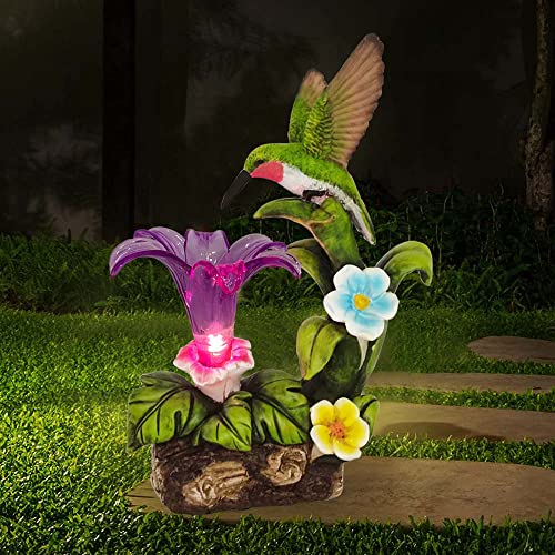 Resin Hummingbird Solar Light with Flower Garden Decorations,Waterproof Statues and Figurines Light Garden Art for Patio Lawn Yard Decorations