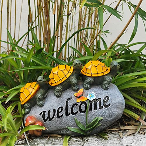 shumi Turtle Statue Outdoor Solar Light, Welcome Turtles on a Rock with 3 LED Lights, Solar Garden Sculpture & Statue, Resin Solar Powered Turtle Decor for Lawn Yard Garden Pond