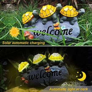 shumi Turtle Statue Outdoor Solar Light, Welcome Turtles on a Rock with 3 LED Lights, Solar Garden Sculpture & Statue, Resin Solar Powered Turtle Decor for Lawn Yard Garden Pond