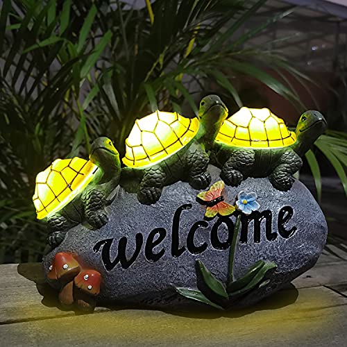 shumi Turtle Statue Outdoor Solar Light, Welcome Turtles on a Rock with 3 LED Lights, Solar Garden Sculpture & Statue, Resin Solar Powered Turtle Decor for Lawn Yard Garden Pond