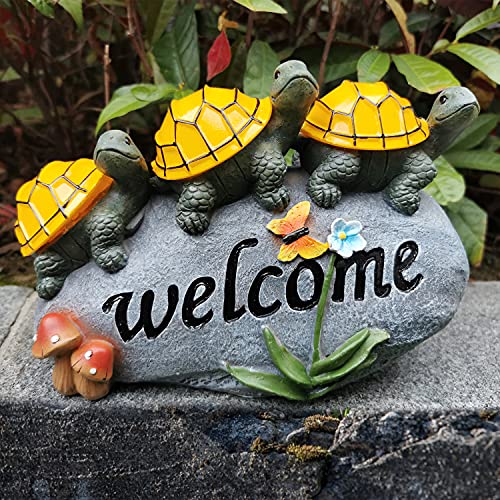 shumi Turtle Statue Outdoor Solar Light, Welcome Turtles on a Rock with 3 LED Lights, Solar Garden Sculpture & Statue, Resin Solar Powered Turtle Decor for Lawn Yard Garden Pond