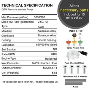 Youxmoto 3/4" Shaft Horizontal Pressure Washer Pump, Max 3000 PSI @ 2.5GPM, Fit for Karcher K2400HH/ Honda GC190/ Homelite 309515003 308418007 308653057/ PowerStroke ps80903a/ Simpson MSH3125