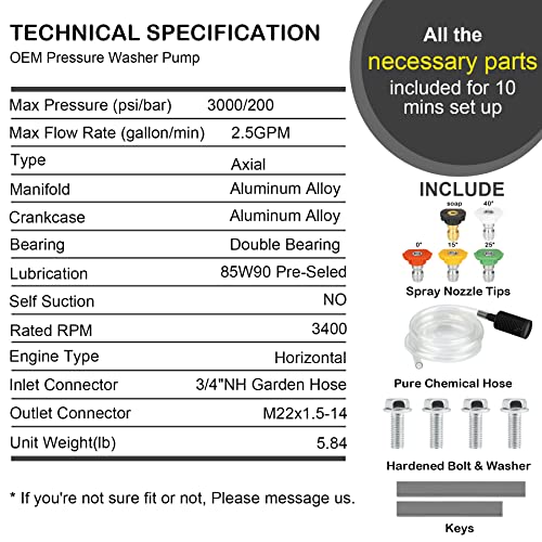 Youxmoto 3/4" Shaft Horizontal Pressure Washer Pump, Max 3000 PSI @ 2.5GPM, Fit for Karcher K2400HH/ Honda GC190/ Homelite 309515003 308418007 308653057/ PowerStroke ps80903a/ Simpson MSH3125