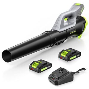 mytol cordless leaf blower 150mph 350cfm, electric handheld leaf blower with 2 * 20v 2ah batteries, infinitely variable speed, lightweight axial powerful blower for lawn care | patio | yard | jobsite