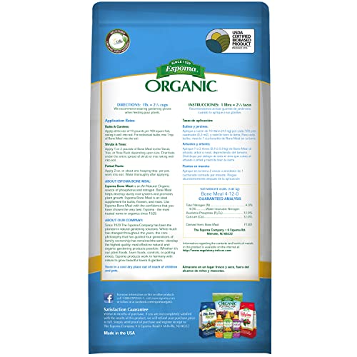Espoma Organic Bone Meal Fertilizer 4-12-0. All-Natural Plant Food Source of Nitrogen and Phosphorus For Organic Gardening. For Bulbs & Other Flowering Plants. 4 lb. bag. Pack of 2.