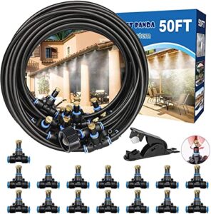 misters for outside patio,outdoor water misting cooling system,50ft|15m.backyard mist hose kit for garden,greenhouse,fan,deck,umbrella,canopy,pool,porch.trampoline sprinkler park,bbq party accessories