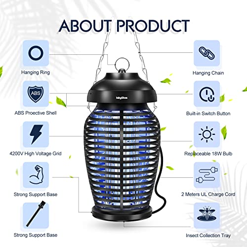 Keylitos 4200V Electric Bug Zapper, Fly Trap, Mosquito Exterminator Indoor Outdoor, Mosquito Repellent Trap, Insect Killer with 18W UV Bulb, Stainless Hangable Chain and Ring, for Home Use, Backyard