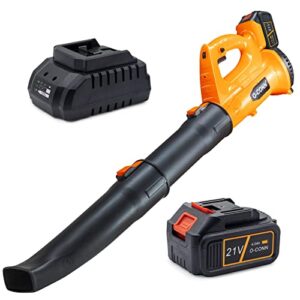 leaf blower, 21v leaf blower cordless with 4.0ah battery and charger, 320 cfm 150 mph 6-speed 2 tubes electric leaf blower for leaves, snow debris and dust blowing