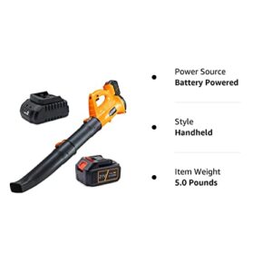 Leaf Blower, 21V Leaf Blower Cordless with 4.0Ah Battery and Charger, 320 CFM 150 MPH 6-Speed 2 Tubes Electric Leaf Blower for Leaves, Snow Debris and Dust Blowing