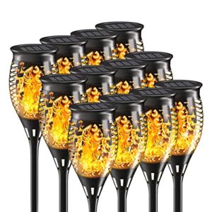 solar tiki torch lights with flickering flames for garden, torch stake light outdoor decorative, waterproof landscape flame lights with auto on/off for garden party pathway (12 pack yellow, 12 leds)