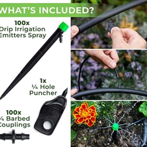 CARPATHEN 100 Drip Irrigation Emitters Sprayer - Drip Emitters for Irrigation Kit - ¼" Irrigation Tubing Compatible - 360 deg Adjustable Drippers for Drip Irrigation - Fit for Raised Garden Bed, Yard