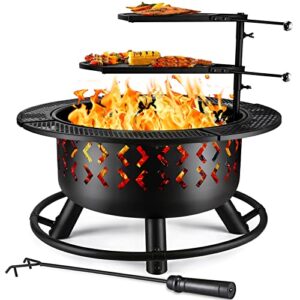 cityflee 32 inch fire pit for outside with 2 grills, outdoor wood burning firepit large steel firepit for patio backyard picnic garden with wood grate & poker