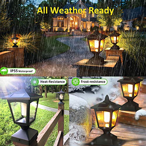 Solar Post Flame Light, Outdoor Deck Fence Post Cap Top LED Light wih Flickering Flame, Waterproof, 4x4 5x5 6x6, Outdoor Garden Firefly String Lights, 30 Leds, (Pack of 2)