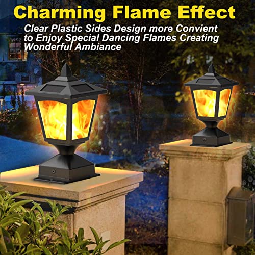 Solar Post Flame Light, Outdoor Deck Fence Post Cap Top LED Light wih Flickering Flame, Waterproof, 4x4 5x5 6x6, Outdoor Garden Firefly String Lights, 30 Leds, (Pack of 2)