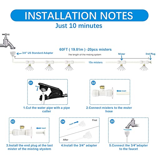 Mister System for Outside patio 65Ft (20M), Outdoor Misting System, Patio Misters for Cooling, Backyard Water Mister Kit for Waterpark, Garden, Greenhouse, Canopy, Porch, Umbrella, Gazebo, Trampoline