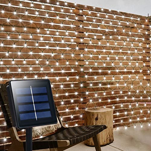 Solar Net Lights Outdoor Mesh Lights Waterproof with 8 Lighting Modes, Auto On/Off, 200 LED Starry Fairy String Lights Backyard Patio Twinkling Lights Wall Roof Wedding Party Decor(9.8ftx6.6ft,White)