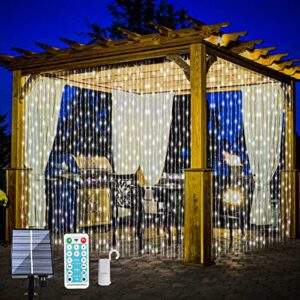 200 led solar curtain string lights outdoor remote control 8 modes fairy lights waterproof solar powered copper wire lights solar waterfall lights for gazebo garden party window decoration（cool white）
