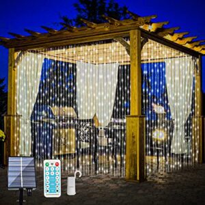 200 LED Solar Curtain String Lights Outdoor Remote Control 8 Modes Fairy Lights Waterproof Solar Powered Copper Wire Lights Solar Waterfall Lights for Gazebo Garden Party Window Decoration（Cool White）